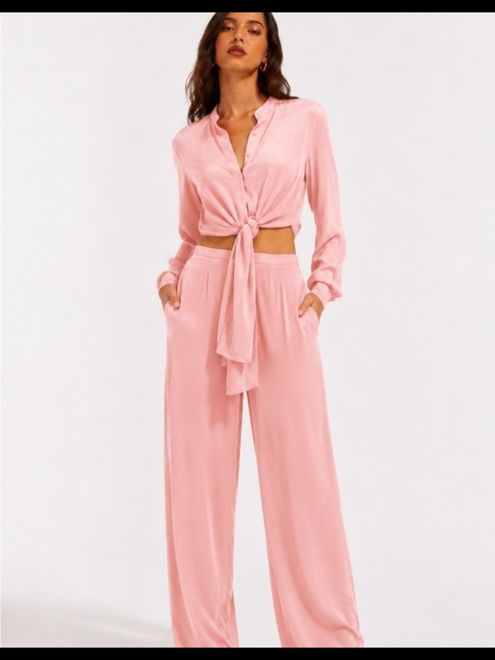 Andrea Iyamah Blush Pink Tie-Front Satin Tunic Top